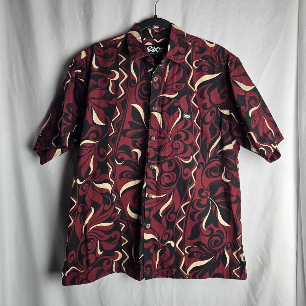 Rix Hawaiian Shirt Large Palm Swirling Tribal‎ Cotton Polynesian Aloha Tropical